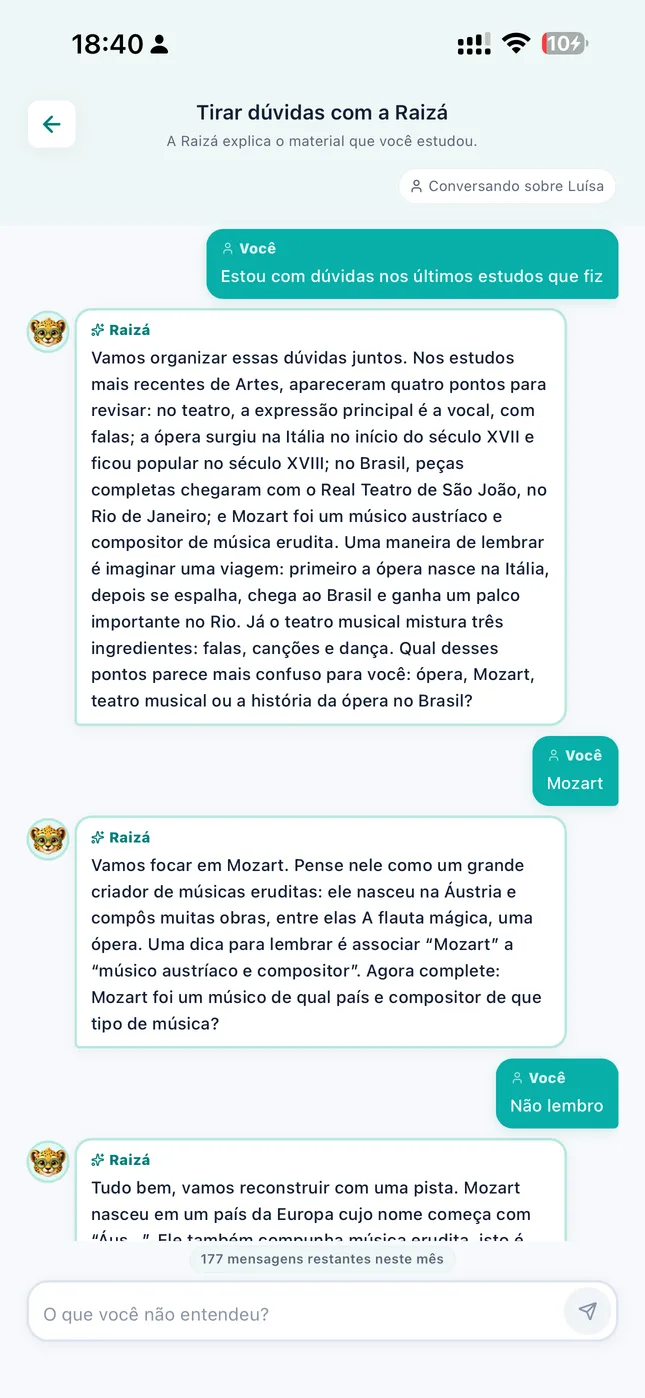 Tela do Chat da Raizá com conversa relacionada ao conteúdo estudado