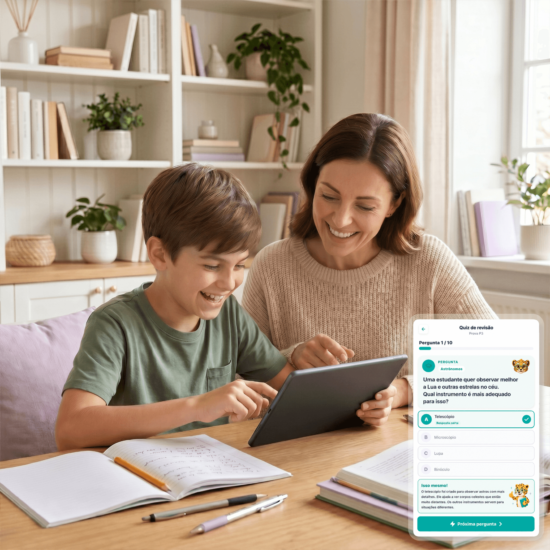Family using the Raizá study app for school review with quizzes