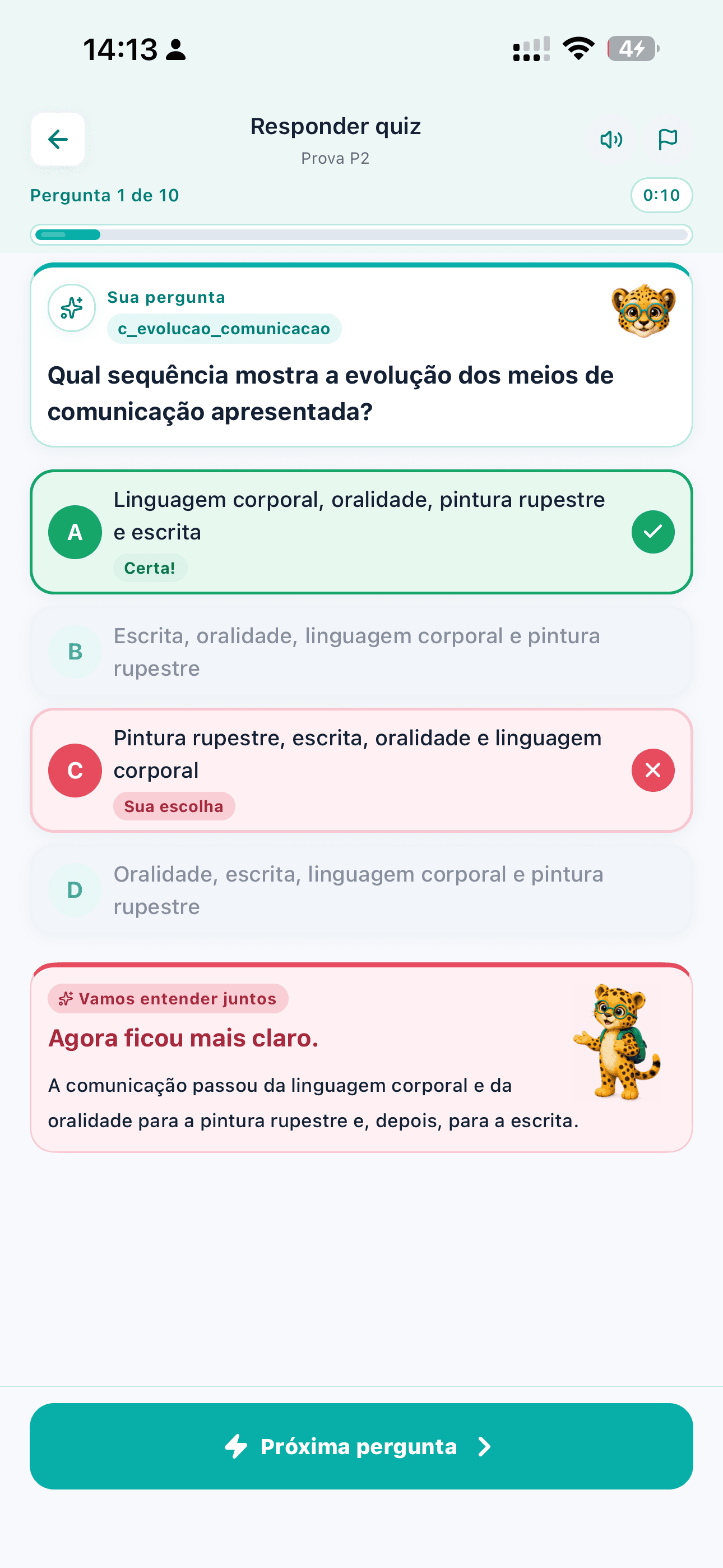 Resultado do quiz com acertos, erros e pontos para revisar